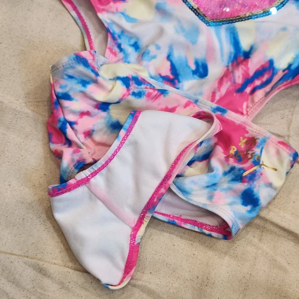 XOX Betsey Johnson Girls Tie Dye Sequin Heart Monokini Swimsuit 10 One Piece